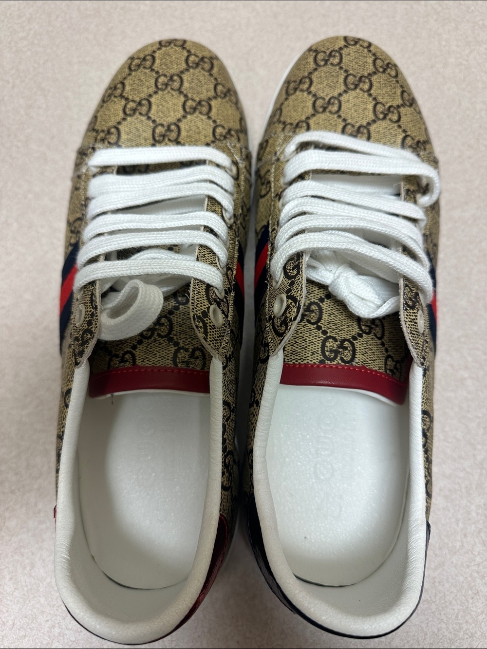 Monogram Pattern Low-Top Sneakers in Brown with Red & Blue Stripe- US-11.5/12 - Picture 6 of 7
